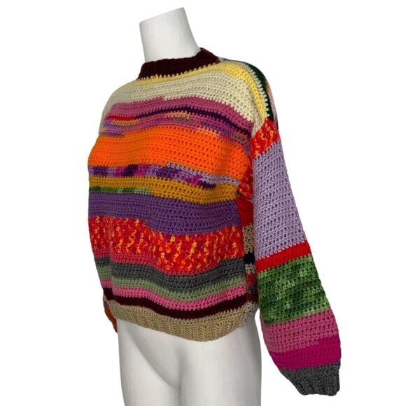 Scrap Yarn Colorful Crochet Sweater Jumper S Balloon Sleeve Crewneck Grandmacore - Picture 3 of 11